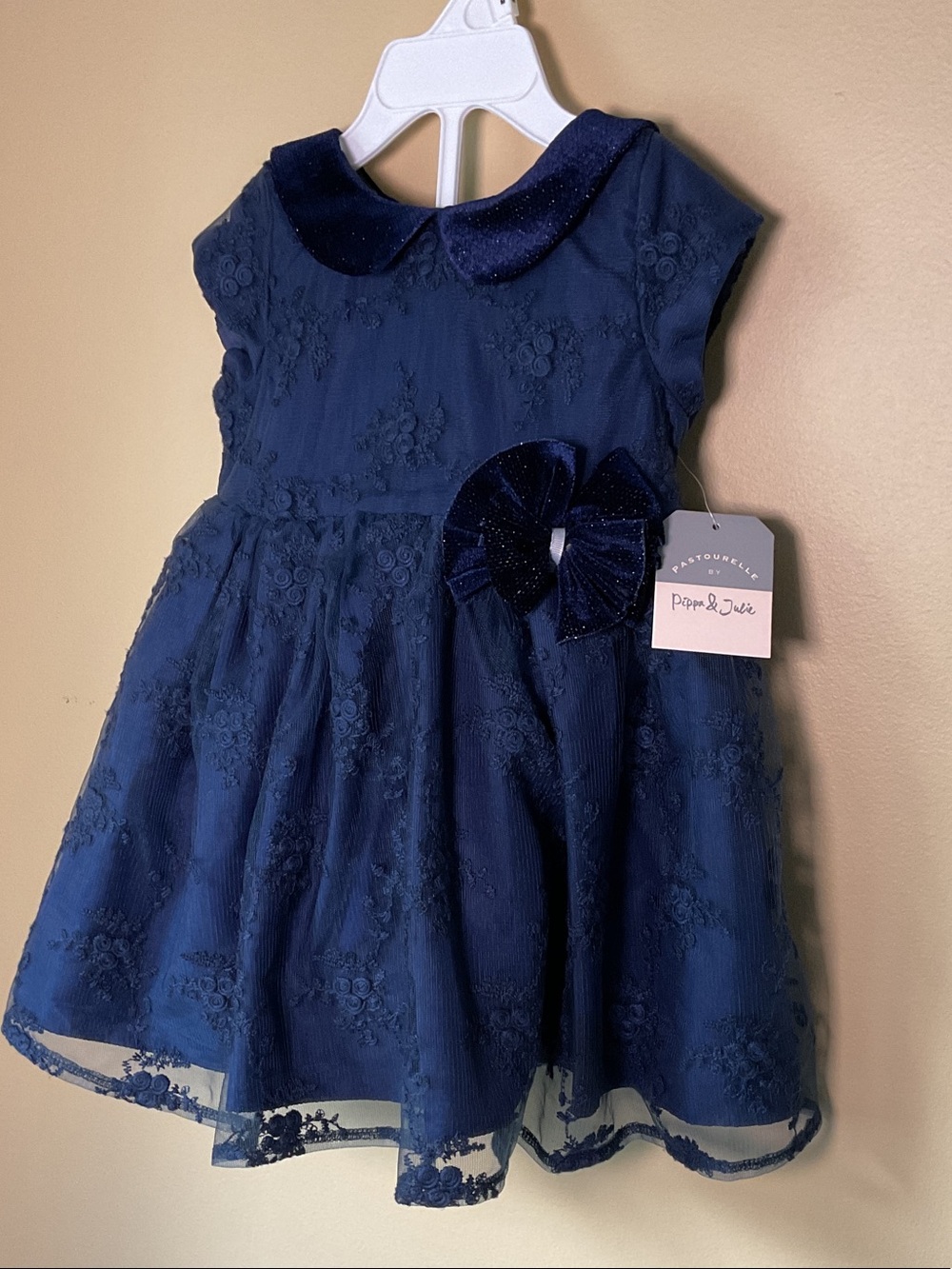 Pippa & Julie Navy Floral Lace Party Dress with Velvet Bow